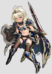 Rule 34 | 1boy, antenna hair, armor, artist name, bikini armor, black thighhighs, blonde hair, blush, bow, braid, bulge, cape, gauntlets, gem, gloves, greaves, green eyes, grey background, hair bow, holding, holding shield, holding sword, holding weapon, looking at viewer, navel, original, pauldrons, pink bow, red gemstone, shield, shoulder armor, signature, simple background, single braid, sketch, solo, sword, thighhighs, tiara, trap, weapon, yapo (croquis side)