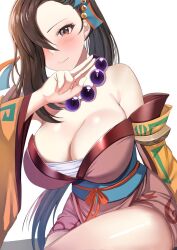 Rule 34 | 1girl, bare shoulders, bead necklace, beads, blush, breasts, brown eyes, brown hair, cleavage, cowboy shot, detached sleeves, fire emblem, fire emblem fates, fire emblem heroes, hair ornament, hair over one eye, hand up, highres, japanese clothes, jewelry, kagero (fire emblem), kagero (winds offered) (fire emblem), kimono, large breasts, long hair, looking at viewer, mature female, necklace, nintendo, official alternate costume, pelvic curtain, ponytail, short kimono, sitting, smile, solo, tara (szzj7733), thighs, white background
