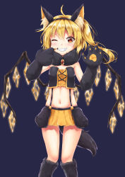 Rule 34 | 1girl, ;), absurdres, ahoge, akiteru (akiteru98), alternate costume, animal ear fluff, animal ears, animal hands, bare shoulders, black footwear, blonde hair, blue background, boots, brooch, cat ears, commentary request, cross-laced clothes, crystal, fake animal ears, fake tail, fangs, feet out of frame, flandre scarlet, fur boots, fur collar, fur trim, gloves, grin, groin, hair between eyes, hands up, highres, jewelry, long hair, miniskirt, mouth pull, no headwear, one eye closed, one side up, orange eyes, orange skirt, paw gloves, pleated skirt, simple background, skirt, smile, solo, standing, strapless, suspenders, tail, thighs, touhou, tube top, v-shaped eyebrows, wings