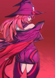 Rule 34 | 1girl, ashiomi masato, ass, bare shoulders, blazblue, blazblue: central fiction, blue eyes, cape, hat, konoe a. mercury, long hair, pink hair, skin tight, skirt, solo, thighhighs, witch hat, yellow eyes