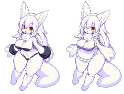 Rule 34 | animal ears, apron, bikini, blush, body fur, cat, cat ears, cat girl, cat tail, commentary request, full body, furry, furry female, kishibe, large hands, long hair, multiple views, naked apron, navel, one eye closed, open mouth, original, red eyes, standing, swimsuit, tail, thick thighs, thighs, white background, white hair