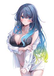 Rule 34 | 1girl, absurdres, arm under breasts, bare shoulders, black bra, black panties, blue eyes, blue hair, blush, bra, closed mouth, commentary request, cowboy shot, gradient hair, green hair, highres, komupi, long hair, looking at viewer, multicolored hair, natsumi (komupi), navel, off shoulder, open clothes, open shirt, original, panties, shirt, shirt hold, simple background, solo, underwear, white background, white shirt