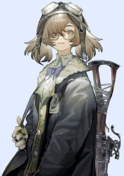 Rule 34 | 1girl, black coat, black nails, blue background, brown eyes, brown hair, coat, commentary, glasses, goggles, goggles on head, gun, gun on back, hair over one eye, highres, jewelry, long sleeves, looking at viewer, nail polish, noco (pixiv14976070), original, parted lips, pilot helmet, gun on back, ring, simple background, smile, solo, twintails, upper body, weapon, weapon on back