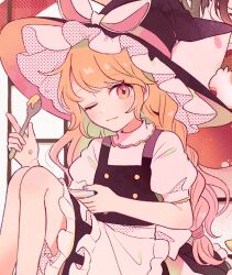 Rule 34 | 1girl, apron, black hat, black skirt, black vest, blonde hair, blush, braid, closed mouth, commentary, feet out of frame, frilled apron, frilled skirt, frills, hat, kirisame marisa, long hair, looking at viewer, mozukuzu (manukedori), one eye closed, puffy short sleeves, puffy sleeves, shirt, short sleeves, single braid, skirt, smile, solo, symbol-only commentary, touhou, vest, white apron, white shirt, witch hat, yellow eyes