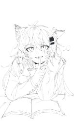 Rule 34 | 1girl, alternate costume, animal ears, arknights, blush, book, bow, bowtie, collared shirt, finger to mouth, greyscale, grin, hair ornament, hairclip, highres, lappland (arknights), looking at viewer, monochrome, parted lips, sato (lappysuki), scar, scar across eye, school uniform, shirt, shushing, simple background, sketch, smile, solo, upper body
