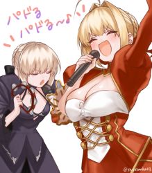 Rule 34 | 2girls, :d, ^ ^, ahoge, arm up, artoria pendragon (all), artoria pendragon (fate), black bow, black dress, blonde hair, blush, bow, braid, breasts, cleavage, closed eyes, dress, fate/extra, fate/stay night, fate (series), hair between eyes, hair bow, hair bun, hair intakes, holding, holding instrument, holding microphone, instrument, juliet sleeves, long sleeves, medium breasts, meme, microphone, multiple girls, nero claudius (fate), nero claudius (fate) (all), nero claudius (fate/extra), no bra, open mouth, outstretched arm, padoru (meme), puffy sleeves, red dress, saber alter, sidelocks, simple background, single hair bun, skindentation, smile, tambourine, translation request, twitter username, v-shaped eyebrows, white background, yayoi maka