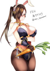 Rule 34 | 1girl, absurdres, alternate costume, animal ears, breasts, brown eyes, brown hair, carrot, cleavage, closed mouth, cowboy shot, fake animal ears, fire emblem, fire emblem fates, fire emblem heroes, gloves, hair over one eye, highres, kagero (fire emblem), kagero (spring) (fire emblem), large breasts, leotard, long hair, nintendo, pantyhose, playboy bunny, ponytail, rabbit ears, simple background, solo, tiamat (momokuri mannen), twitter username, white background