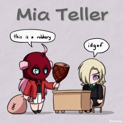 Rule 34 | 2girls, ahoge, arm at side, arms at sides, bag, balaclava, black shirt, black socks, blonde hair, blue eyes, bow, bowtie, business suit, chibi, chibi only, clenched hands, collared shirt, commentary, desk, english commentary, english text, food, formal, furrowed brow, green bow, green bowtie, hair over one eye, ham, highres, holding, holding bag, holding food, jacket, krakelak, long hair, long sleeves, looking at another, looking down, love live!, love live! nijigasaki high school idol club, mia taylor, money bag, multiple girls, nijigasaki academy school uniform, no mouth, on chair, one eye covered, pink hair, pleated skirt, pun, purple eyes, red bow, red bowtie, red headwear, red jacket, red ribbon, ribbon, robbery, school uniform, shadow, shirt, short hair, sitting, skirt, socks, speech bubble, suit, text focus, twitter username, white skirt, wide shot, zhong lanzhu