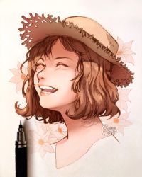 Rule 34 | 1girl, :d, ^ ^, art tools in frame, artist name, bad id, bad twitter id, brown hair, brown hat, clivenzu, closed eyes, commentary, english commentary, flower, graphite (medium), happy, hat, laughing, mechanical pencil, mixed media, open mouth, original, pencil, photo (medium), pink flower, pink lips, portrait, smile, solo, sun hat, traditional media, twitter username