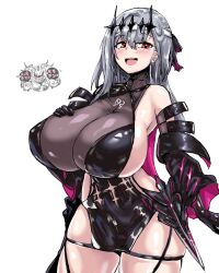 Rule 34 | 1girl, 1other, :d, black dress, black gloves, black ribbon, blush, breasts, chatterbox (nikke), cleavage, clothing cutout, detached sleeves, diadem, dress, geist43195783, gloves, goddess of victory: nikke, grey hair, hair ribbon, hand on own chest, huge breasts, long hair, marian (nikke), modernia (nikke), modernia (second affection) (nikke), open mouth, rapture (nikke), red eyes, ribbon, see-through, see-through cleavage, smile