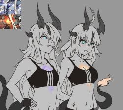 Rule 34 | 2girls, :d, aqua eyes, arknights, astrograph21, bare arms, bare shoulders, blue eyes, breasts, cleavage, collarbone, commentary, crop top, d:, eblana (arknights), flame-tipped tail, greyscale, horns, limited palette, long hair, medium breasts, medium support (meme), meme, midriff, monochrome, multiple girls, navel, open mouth, reed (arknights), siblings, sisters, smile, sports bra, stomach, upper body, very long hair