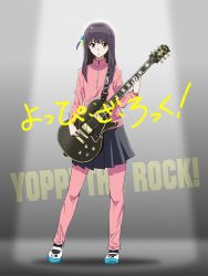 Rule 34 | 1girl, aoyama yoshino, bocchi the rock!, cosplay, cube hair ornament, electric guitar, gibson les paul, gotoh hitori (cosplay), gotoh hitori, green eyes, grey skirt, guitar, hair ornament, highres, holding, holding instrument, instrument, jacket, long hair, looking at viewer, nanase yoshino, one side up, open mouth, pants, pink jacket, pink pants, pleated skirt, shoes, skirt, solo, tekapu (tkapp), track jacket, uwabaki, voice actor connection, wake up girls!