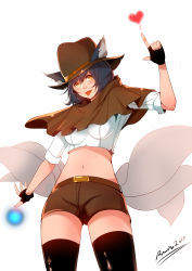 Rule 34 | 1girl, absurdres, ahri (league of legends), alternate costume, alternate hair color, animal ears, black hair, black thighhighs, breasts, cowboy hat, facial mark, fox ears, fox tail, hat, heart, highres, league of legends, lips, long hair, midriff, multiple tails, navel, rude ruin, simple background, slit pupils, solo, tail, thighhighs, tongue, tongue out, whisker markings, white background, yellow eyes
