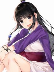Rule 34 | 1girl, maya fey, black hair, ace attorney, hair ornament, half updo, highres, japanese clothes, jewelry, long hair, looking at viewer, magatama, necklace, open mouth, sayuri3sei, simple background, smile, solo, white background