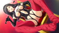 Rule 34 | 1girl, ail soft, baiin reijou suouin sakurako no zaie, black gloves, black hair, blush, breasts, censored, chair, collar, dominatrix, dutch angle, elbow gloves, feet, game cg, gloves, hairband, head tilt, large breasts, latex, legs, lingerie, long hair, looking at viewer, looking down, navel, nipples, no panties, open mouth, pink eyes, pussy, red thighhighs, ribahara aki, simple background, sitting, smile, solo, thighhighs, thighs, toes, underwear, wet, whip