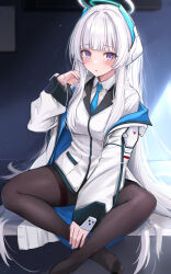 Rule 34 | 1girl, absurdres, black pantyhose, blue archive, blue necktie, blush, breasts, coat, collared shirt, commentary request, crossed legs, dasiu, halo, hand up, headgear, highres, indian style, indoors, jacket, light particles, light rays, long hair, long sleeves, looking at viewer, necktie, no pants, noa (blue archive), off shoulder, open mouth, pantyhose, puffy long sleeves, puffy sleeves, purple eyes, shirt, sitting, solo, very long hair, white coat, white hair, white halo, white jacket, white shirt