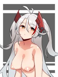 Rule 34 | 1girl, antenna hair, azur lane, blush, breasts, closed mouth, collarbone, grey background, hair between eyes, headgear, highres, large breasts, long hair, looking at viewer, multicolored hair, nezuko, nipples, nude, orange eyes, prinz eugen (azur lane), puffy nipples, red hair, silver hair, solo, streaked hair, swept bangs, two-tone background, two side up, upper body, very long hair