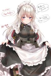 Rule 34 | 1girl, absurdres, ak74m (girls&#039; frontline), ammunition belt, apron, blonde hair, blush, breasts, buckle, character name, closed mouth, clothes lift, cyrillic, dress, dress lift, feet out of frame, girls&#039; frontline, griffin &amp; kryuger, grifon &amp; kryuger, hair between eyes, highres, long hair, long sleeves, looking at viewer, maid, maid apron, maid headdress, medium breasts, military, pottsness, pouch, purple eyes, red star, smile, snap-fit buckle, solo, standing, star (symbol), teardrop, thigh pouch, translation request, uniform, white background
