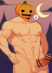 Rule 34 | 1boy, abs, absurdres, bar censor, bara, censored, completely nude, cowboy shot, crescent moon, erection, fujimachine (clayten), halloween, halloween costume, highres, jack-o&#039;-lantern, large pectorals, male focus, moon, muscular, navel, nipples, nude, original, pectorals, penis, pumpkin, solo, sweat, testicles, textless version, thick thighs, thighs, veins
