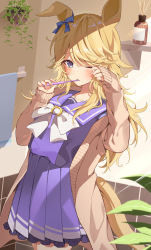Rule 34 | 1girl, animal ears, blonde hair, blue bow, blue eyes, bow, bowtie, cardigan, ear bow, frilled skirt, frills, gold city (umamusume), highres, holding, holding toothbrush, horse ears, horse girl, horse tail, horseshoe ornament, long hair, long sleeves, looking at viewer, nobell (bell no5), one eye closed, pleated skirt, purple serafuku, purple shirt, purple skirt, purple thighhighs, sailor collar, sailor shirt, school uniform, serafuku, shirt, skirt, solo, tail, thighhighs, toothbrush, toothbrush in mouth, tracen school uniform, umamusume, white bow, white bowtie