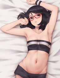 Rule 34 | 1girl, absurdres, alternate costume, arm over head, arm up, armpits, bad id, bad pixiv id, bandeau, bare arms, bare shoulders, bed sheet, black bandeau, black eyes, black hair, black shorts, boruto: naruto next generations, boruto: naruto the movie, breasts, collarbone, commentary request, from above, glasses, groin, hand up, highres, looking at viewer, lying, medium breasts, midriff, mil k vanilla, naruto (series), navel, on back, parted lips, red-framed eyewear, short hair, short shorts, shorts, small breasts, solo, stomach, striped, striped bandeau, teeth, uchiha sarada, upper body, white bandeau, wristband
