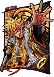 Rule 34 | 1boy, beard, blonde hair, carrying over shoulder, center opening, coin, dragon, facial hair, facial tattoo, feather boa, goemon (p&amp;d), itou youichi, katana, long hair, looking at viewer, male focus, open mouth, orange eyes, outstretched hand, purple hair, puzzle &amp; dragons, sheath, sheathed, signature, solo, sword, tattoo, weapon, wide sleeves