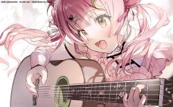 Rule 34 | 1girl, absurdres, almic, blush, cat girl, commission, crescent, crescent hair ornament, double bun, guitar, hair bun, hair ornament, hairclip, highres, holding, holding instrument, indie virtual youtuber, instrument, long hair, munmosshu, music, open mouth, pink hair, pink nails, playing instrument, ribbon, skeb commission, smile, solo, twintails, virtual youtuber, white ribbon, yellow eyes