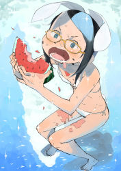 Rule 34 | 1girl, animal ears, bare shoulders, barefoot, bikini, black hair, blue eyes, blue hair, blush, eating, feet, flat chest, food, food on face, forehead, from above, front-tie top, fruit, glasses, hara (pencilpen), highres, holding, loose bikini, loose swimsuit, matching hair/eyes, messy, multicolored hair, open mouth, original, rabbit ears, rabbit tail, shadow, short hair, side-tie bikini bottom, sidelocks, sitting, sketch, solo, sparkle, squatting, sweat, swept bangs, swimsuit, tail, tiptoes, two-tone hair, water, watermelon, watermelon seeds, wet, white bikini, yellow-framed eyewear