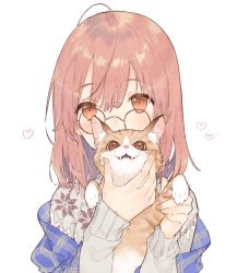 Rule 34 | 1girl, ahoge, animal, black-framed eyewear, blue scarf, blush, brown eyes, carrying, cat, commentary request, glasses, grey sweater, heart, highres, horiizumi inko, long sleeves, looking at viewer, looking over eyewear, nail polish, original, pink hair, pink nails, plaid, plaid scarf, round eyewear, scarf, short hair, simple background, sleeves past wrists, solo, sweater, tareme, upper body, white background