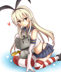Rule 34 | 10s, 1girl, blonde hair, blush, brown eyes, elbow gloves, gloves, hairband, heart, highres, kantai collection, lifebuoy, long hair, looking at viewer, mesoso, navel, rensouhou-chan, shimakaze (kancolle), sitting, skirt, smile, socks, striped clothes, striped thighhighs, swim ring, thighhighs, wariza, white gloves