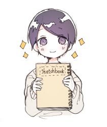 Rule 34 | 1boy, aged down, blush, child, closed mouth, cropped torso, grey sweater, highres, holding, kitagawa yuusuke, long sleeves, looking at viewer, male focus, persona, persona 5, purple eyes, purple hair, short hair, simple background, sketch, sketchbook, sleeves past wrists, smile, sofra, solo, sparkle, sweater, swept bangs, upper body, white background