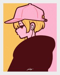 Rule 34 | 1girl, absurdres, baseball cap, blonde hair, border, brown eyes, earbuds, earphones, expressionless, flat color, grey border, hat, highres, limited palette, miyoshi yoshimi, original, pink background, pink hat, profile, short hair, signature, solo, two-tone background, upper body, yellow background