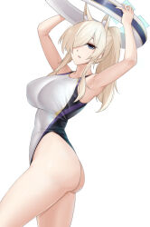 Rule 34 | 1girl, absurdres, animal ear fluff, animal ears, ass, bare arms, bare legs, bare shoulders, blonde hair, blue archive, blue halo, breasts, casperrin, clenched teeth, competition swimsuit, cowboy shot, dog ears, extra ears, grey eyes, hair over one eye, halo, highres, kanna (blue archive), kanna (swimsuit) (blue archive), large breasts, lifebuoy, long hair, looking at viewer, official alternate costume, one-piece swimsuit, ponytail, sharp teeth, simple background, solo, swim ring, swimsuit, teeth, white background, white one-piece swimsuit