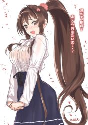 Rule 34 | 10s, 1girl, :d, artist name, blush, breasts, brown eyes, brown hair, covered erect nipples, dress, high ponytail, kantai collection, large breasts, long hair, looking at viewer, meme attire, no bra, open mouth, sensen, simple background, smile, solo, translated, very long hair, virgin killer outfit, yamato (kancolle)