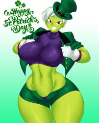 Rule 34 | 1girl, abs, absurdres, blue panties, breasts, cheelai, clover, collarbone, colored skin, dragon ball, dragon ball super, eyeliner, female focus, formal, gloves, green background, green hat, green lips, green shorts, green skin, green suit, hat, highres, kailyn, kyelyn, large breasts, lips, makeup, navel, panties, purple eyes, purple trim, saint patrick&#039;s day, shamrock, shiny clothes, shiny skin, short hair, short shorts, shorts, solo, st. patrick&#039;s day, suit, tagme, teeth, thick thighs, thighs, underwear, white background, white gloves, white hair, wide hips