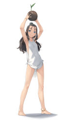Rule 34 | 1girl, anklet, antenna hair, armpits, arms up, barefoot, black hair, blue eyes, bracelet, breasts, bright pupils, coconut, covered navel, full body, hair pulled back, heibonkaeru, highres, holding, jewelry, legs apart, long hair, looking at viewer, original, simple background, small breasts, smile, solo, standing, topknot, white background, white pupils
