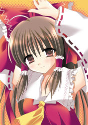 Rule 34 | 1girl, arms up, ascot, bow, brown eyes, brown hair, detached sleeves, eyebrows, female focus, hair bow, hair tubes, hakurei reimu, imperishable night, kirishima riona, looking at viewer, polka dot, polka dot background, red bow, red ribbon, ribbon, ribbon-trimmed sleeves, ribbon trim, smile, solo, touhou, upper body, vest
