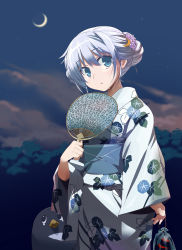Rule 34 | 10s, 1girl, absurdres, alternate costume, alternate hairstyle, arm at side, blue eyes, blurry, crescent, crescent hair ornament, crescent moon, depth of field, evening, failure penguin, hand fan, fang, floral print, flower, hair flower, hair ornament, hair up, highres, holding fan, japanese clothes, kantai collection, kimono, leaf print, long sleeves, looking at viewer, moon, night, night sky, obi, outdoors, paper fan, parted lips, pu-chin, purple hair, sash, short hair, short hair with long locks, sky, standing, sweat, uchiwa, white kimono, wide sleeves, yayoi (kancolle)