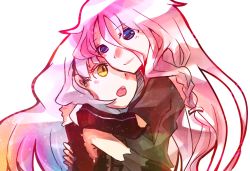 Rule 34 | 2girls, bad id, bad pixiv id, blue eyes, blush, elbow gloves, gloves, hug, ia (vocaloid), long hair, mayu (vocaloid), multiple girls, open mouth, pink hair, skura01, smile, vocaloid, white background, yellow eyes