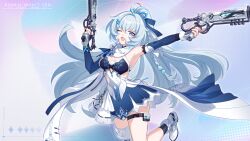 Rule 34 | 1girl, ahoge, arm up, armpits, blue eyes, blue gloves, blue hair, blue nails, blue sleeves, braid, breasts, chinese commentary, commentary request, detached sleeves, fingerless gloves, gloves, gun, handgun, high ponytail, highres, holding, holding weapon, honkai (series), honkai impact 3rd, light blue hair, logo, long hair, looking at viewer, medium breasts, nail polish, official art, official wallpaper, one eye closed, open mouth, shigure kira, simple background, single glove, solo, thigh strap, weapon, white footwear