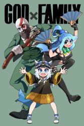 Rule 34 | 1boy, 2girls, :d, absurdres, anya (spy x family), anya (spy x family) (cosplay), aqua (konosuba), bald, bare shoulders, beard, black dress, black footwear, black gloves, black thighhighs, blue hair, bongfill, bow, bowtie, breasts, child, cleavage, collared shirt, cosplay, crossover, dress, facial hair, fingerless gloves, fins, fish tail, full body, gawr gura, gloves, god of war, green bow, green bowtie, green jacket, green pants, green vest, highres, hololive, hololive english, jacket, kono subarashii sekai ni shukufuku wo!, large breasts, long hair, long sleeves, multiple girls, open mouth, pants, shark tail, shirt, shoes, simple background, smile, spiked helmet, spy x family, standing, tail, teeth, thighhighs, twilight (spy x family), twilight (spy x family) (cosplay), upper teeth only, vest, virtual youtuber, white hair, yor briar, yor briar (cosplay)