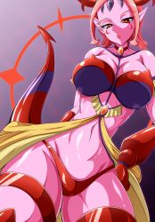 Rule 34 | 1girl, aokura shou, benigio, breasts, colored skin, demon girl, demon tail, hand on own hip, highres, horns, large breasts, looking down, mahou girls precure!, parted lips, pink hair, pink skin, pointy ears, precure, red eyes, short hair, solo, tail, thick thighs, thighs