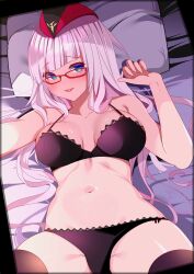 1girl absurdres azur_lane black_bra black_panties black_thighhighs blue_eyes blush bra breasts gneisenau_(azur_lane) highres lace lace-trimmed_bra lace-trimmed_panties lace_trim large_breasts lingerie lips long_hair looking_at_viewer lying navel on_bed origami_aya panties parted_lips pillow pink_hair red-framed_eyewear signature solo stomach thighhighs underwear very_long_hair