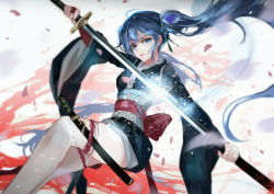 Rule 34 | 1girl, ahoge, blue eyes, blue hair, bridal gauntlets, floating hair, gloves, hair ribbon, highres, holding, holding sword, holding weapon, japanese clothes, kimono, long hair, long sleeves, looking at viewer, obi, original, parted lips, petals, red gloves, ribbon, sash, scabbard, sheath, solo, sword, tachi (weapon), thigh strap, thighhighs, vardan, very long hair, wakizashi, weapon, white thighhighs, wide sleeves