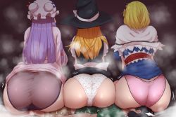 Rule 34 | 1boy, 3girls, absurdres, alice margatroid, ass, black dress, black headwear, blonde hair, blue dress, breasts, capelet, clothes lift, dress, dress lift, hat, highres, huge ass, huge breasts, human furniture, kirisame marisa, long hair, mob cap, multiple girls, panties, patchouli knowledge, pink dress, plump, purple footwear, purple hair, short hair, sitting, sitting on face, sitting on person, starraisins, steaming body, touhou, trembling, underwear, white capelet, witch hat