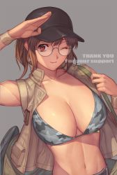 Rule 34 | 1girl, bag, bra, breasts, brown eyes, brown hair, camouflage, camouflage bra, cleavage, closed mouth, collarbone, commentary request, crop top, fio germi, glasses, gloves, grey background, hand up, hat, ibanen, large breasts, looking at viewer, metal slug, navel, one eye closed, open clothes, round eyewear, salute, short hair, short ponytail, shorts, sidelocks, smile, solo, stomach, thank you, underwear, upper body, vest