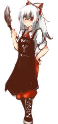 Rule 34 | 1girl, apron, bad id, bad pixiv id, cleaning, duster, female focus, fujiwara no mokou, hand on own hip, hip focus, hosoi kouzou, simple background, sleeves rolled up, solo, touhou, white background