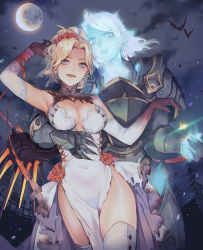 Rule 34 | 2girls, arm around waist, armor, aura, bat (animal), blonde hair, blue eyes, breasts, bright pupils, cleavage, dirty, dress, elbow gloves, fangs, flying, gauntlets, gloves, glowing, halloween, highres, lace trim, large breasts, lino chang, looking at viewer, mechanical wings, mercy (overwatch), moon, multiple girls, night, night sky, open mouth, overwatch, overwatch 1, parted lips, pharah (overwatch), pointy ears, purple eyes, sky, slit pupils, smile, thighhighs, torn clothes, torn dress, vampire, white dress, white gloves, white hair, white legwear, wings, yuri