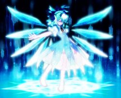 Rule 34 | 1girl, bad id, bad pixiv id, blue dress, blue hair, blue ribbon, bow, cirno, dress, closed eyes, female focus, full body, glowing, hair bow, ice, ice wings, katari, puffy short sleeves, puffy sleeves, ribbon, short hair, short sleeves, solo, standing, embodiment of scarlet devil, touhou, wings