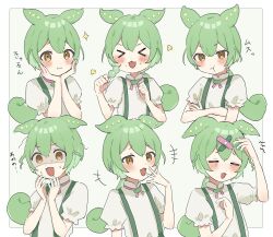 Rule 34 | &gt; &lt;, +++, 1girl, :t, blush, border, crossed arms, crossed bandaids, dango, expressions, food, green hair, hands up, head rest, highres, looking at viewer, neck ribbon, open mouth, orange eyes, pea pod, pink ribbon, pout, ribbon, seijyohu, shaded face, shirt, short hair, short sleeves, simple background, smile, suspenders, sweat, translation request, upper body, voicevox, wagashi, white border, white shirt, worried, zundamon